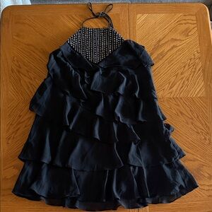 12th Tribe Black Ruffled Halter Mini Dress with Beaded Neckline